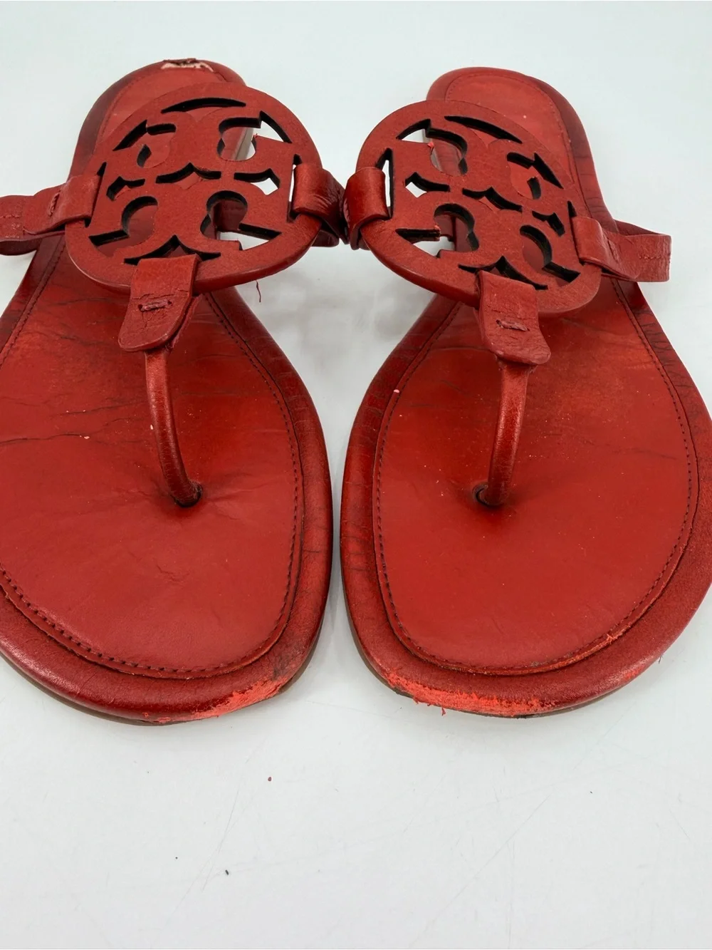 Tory Burch Red Leather Miller Logo Thong Sandals 9 FLAWS